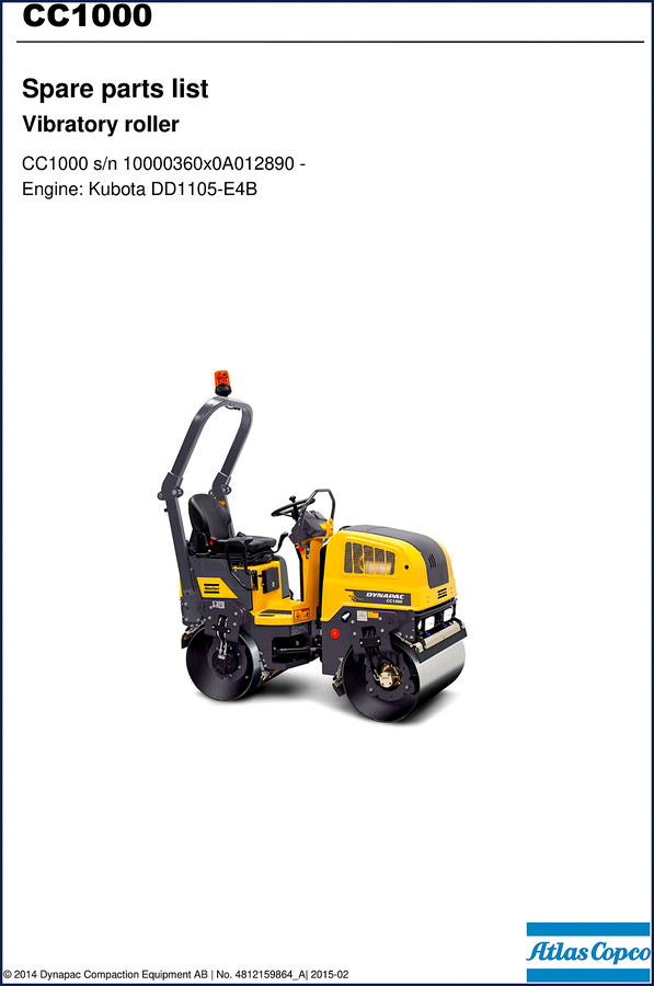 Dynapac CC1000 2015 Parts Catalog cover page - official OEM factory spare parts list for vibratory roller