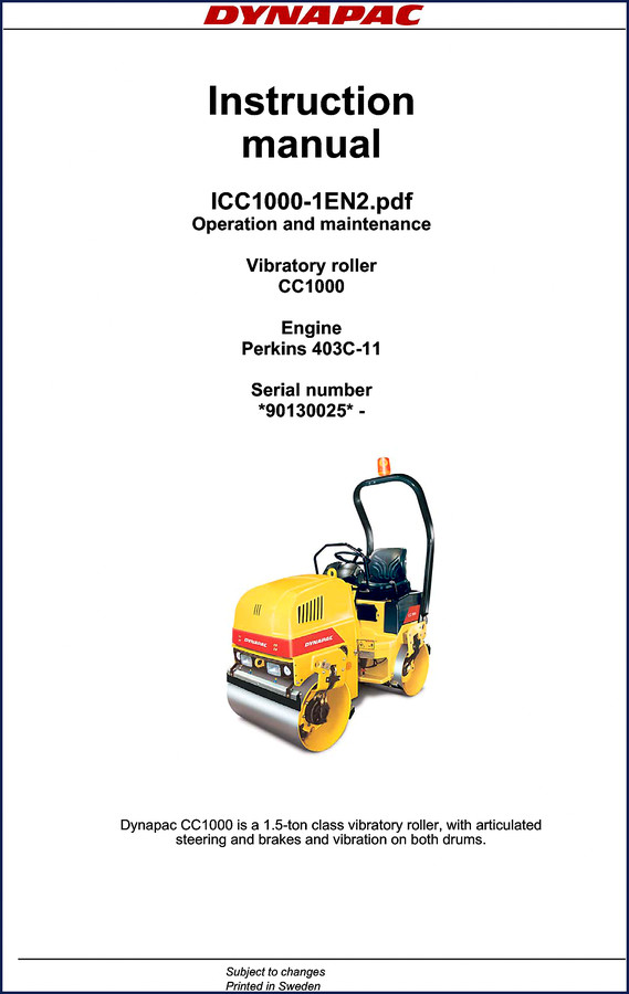 Dynapac CC1000 vibratory roller – factory operation and maintenance manual cover