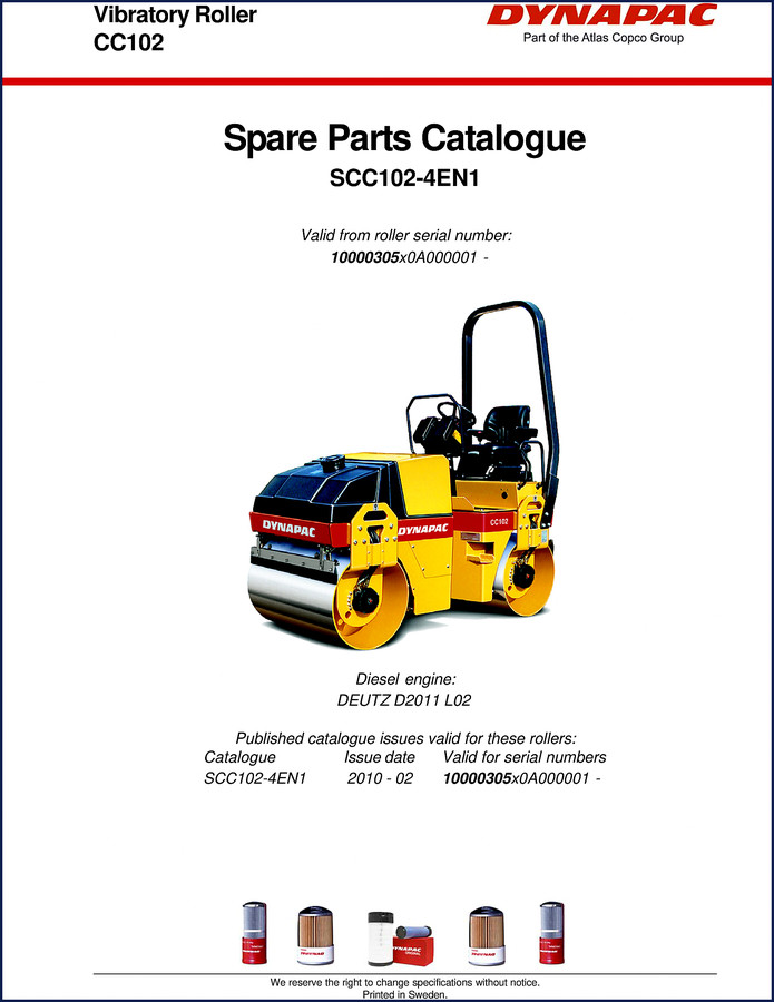 Dynapac CC102 2009 Spare Parts Catalogue cover page showing model and serial number ranges