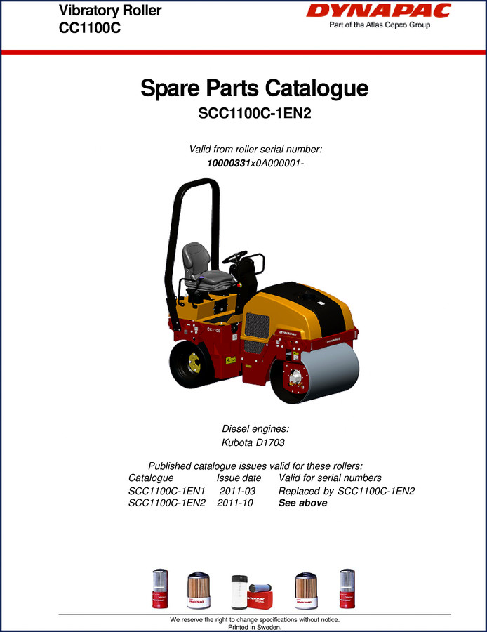Dynapac CC1100C 2011 Parts Catalog cover, 244 pages OEM factory documentation