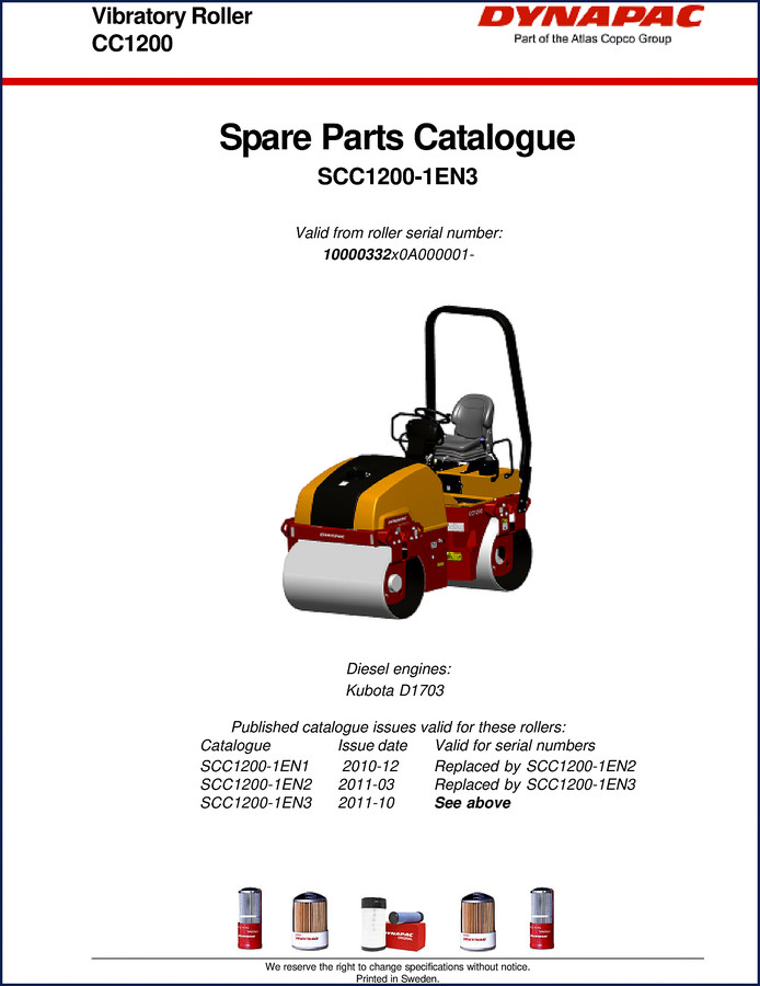 Dynapac CC1200 2011 Parts Catalog cover - vibratory roller OEM factory manual
