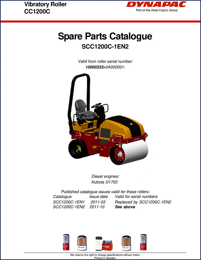 Dynapac CC1200C vibratory roller 2011 Parts Catalog cover showing machine and Kubota D1703 designation