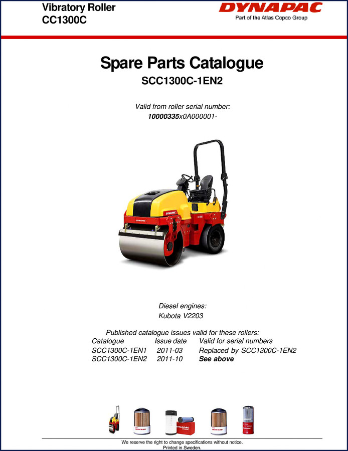 Dynapac CC1300C 2011 Parts Catalog cover showing vibratory roller and spare parts catalogue title