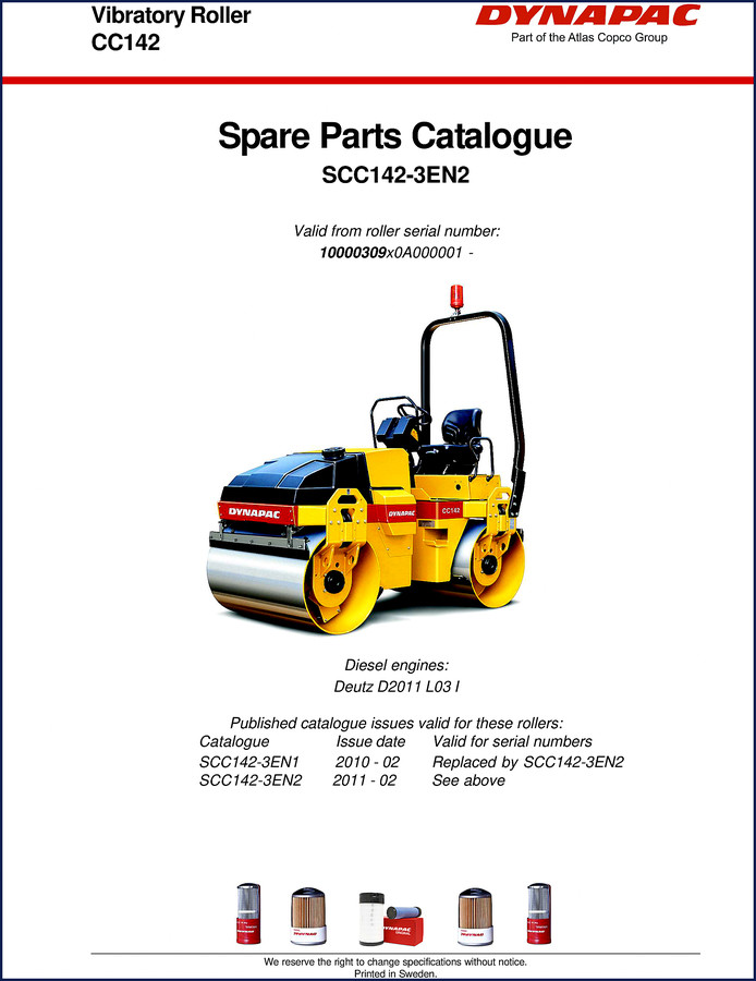 2011 Dynapac CC142 Parts Catalog cover showing vibratory roller and OEM branding