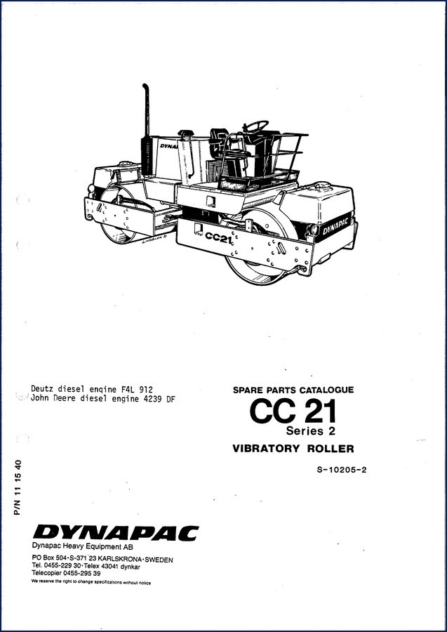 Dynapac CC21 Parts Catalog cover page showing model and engine options