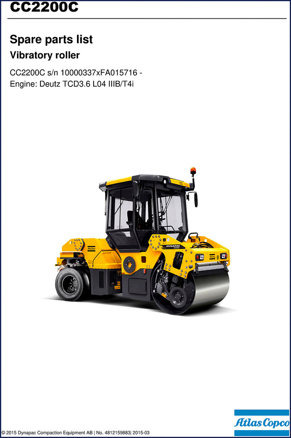 Dynapac CC2200C 2015 Parts Catalog cover showing vibratory roller spare parts list and service kit breakdown