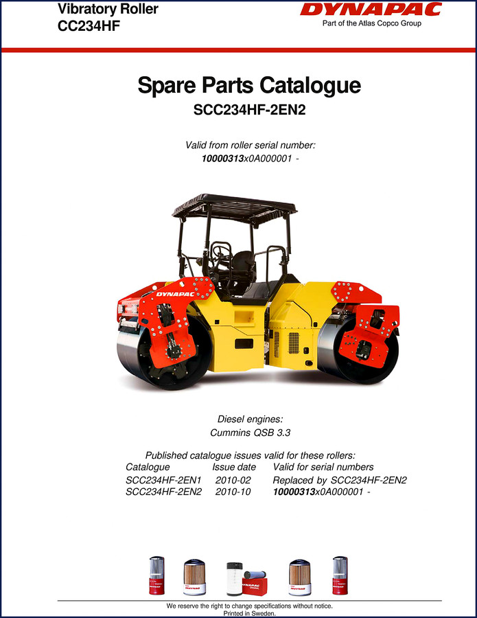 Dynapac CC234HF 2009 Parts Catalog cover page showing vibratory roller spare parts catalogue