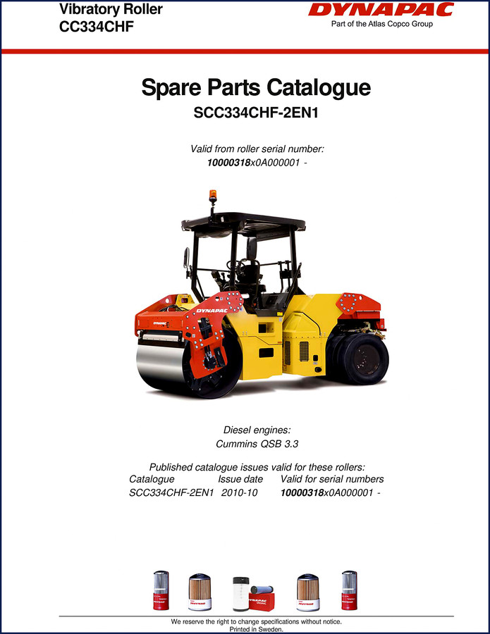 Dynapac CC334CHF 2010 Parts Catalog cover – factory OEM spare parts catalogue for vibratory roller