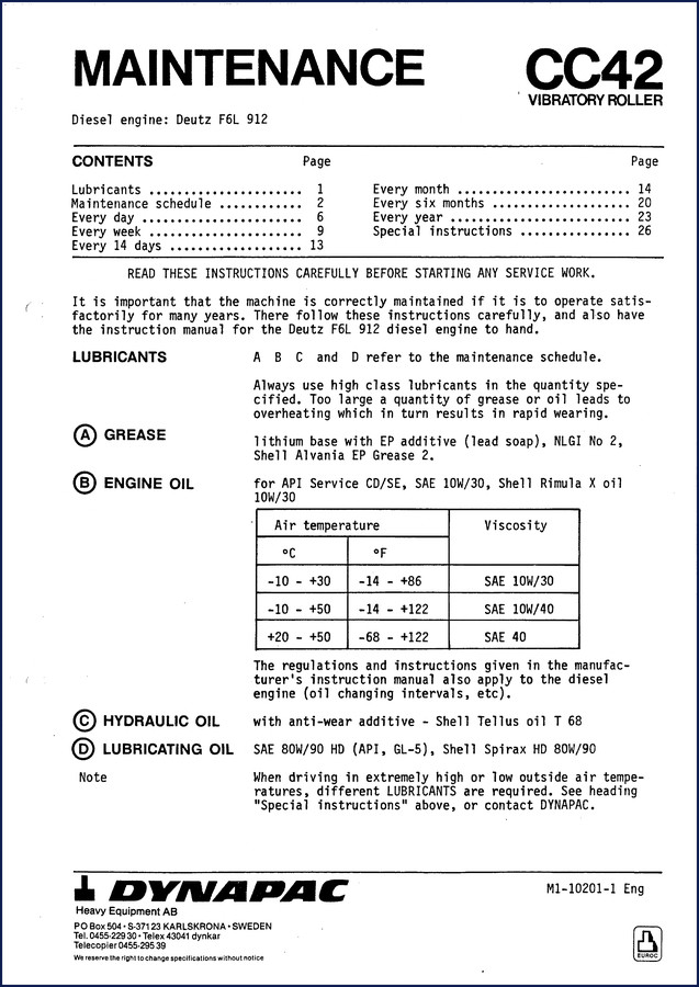 Dynapac CC42 Service Manual cover page showing vibratory roller maintenance schedule