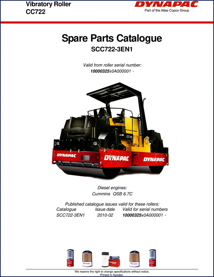 Dynapac CC722 Vibratory Roller 2010 Parts Catalog cover page showing model and serial number range