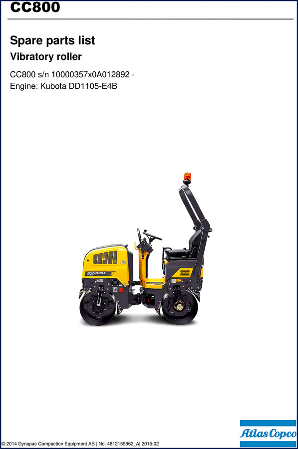 Dynapac CC800 2015 Parts Catalog cover showing vibratory roller and factory part number breakdown