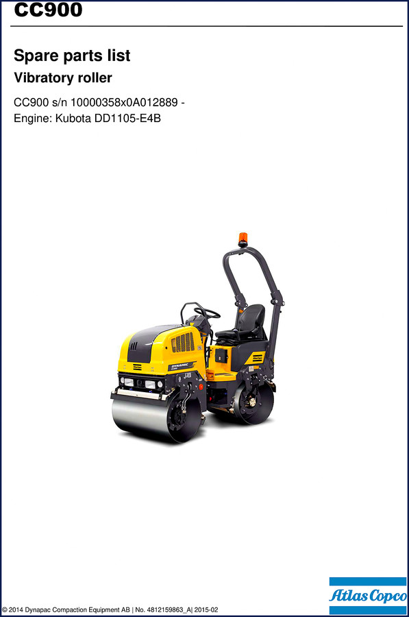 Dynapac CC900 2015 Parts Catalog cover showing vibratory roller and exploded view sample