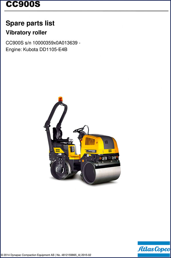 Dynapac CC900S 2015 Parts Catalog cover showing vibratory roller and factory illustrations