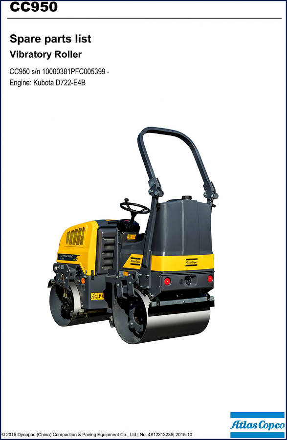 Dynapac CC950 2015 Parts Catalog cover showing vibratory roller and OEM documentation