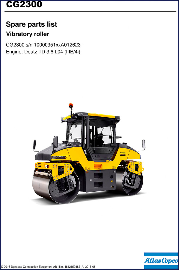 Dynapac CG2300 2016 parts catalog cover showing vibratory roller and exploded view of engine module