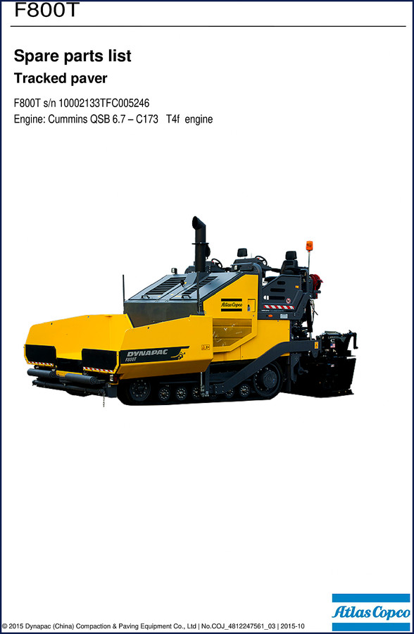 Dynapac F800T 2015 Parts Catalog cover - 536 pages OEM spare parts list