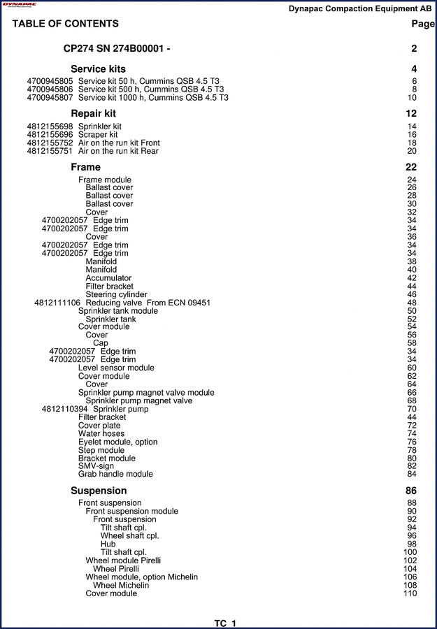 Dynapac CP274 Parts Catalog cover showing roller and manual title