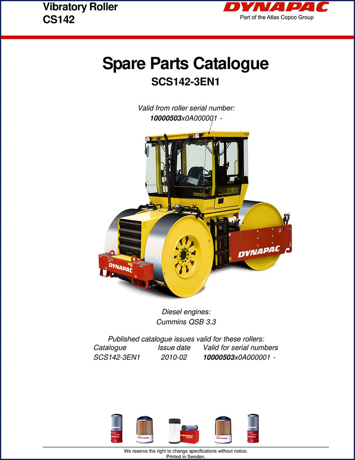 Dynapac CS142 2010 Parts Catalog cover – OEM factory spare parts catalogue for vibratory roller