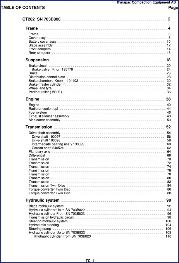 Dynapac CT262 Parts Catalog cover page showing compact utility roller and OEM document title