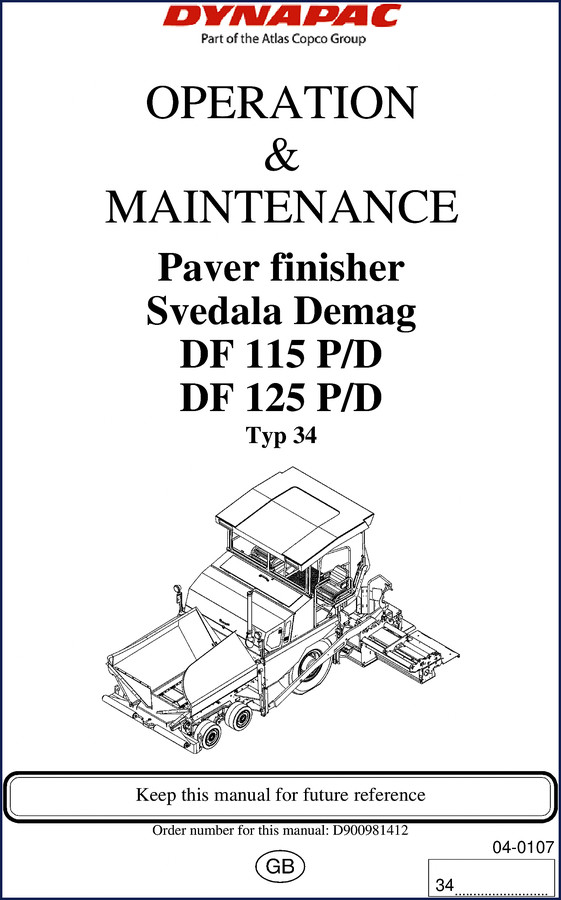 Dynapac DF 125 paver finisher operators manual cover
