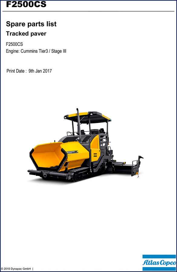 Dynapac F2500CS 2017 Parts Catalog cover showing spare parts list for tracked paver