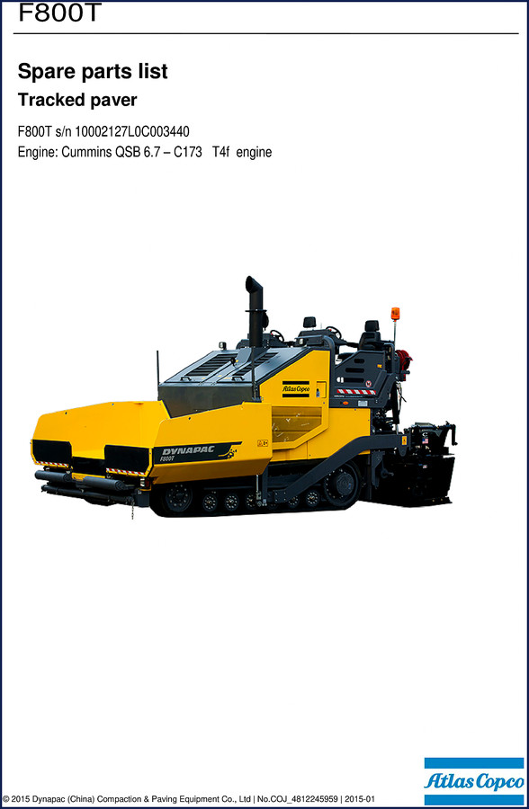 Dynapac F800T 2015 Parts Catalog cover showing track paver and parts list
