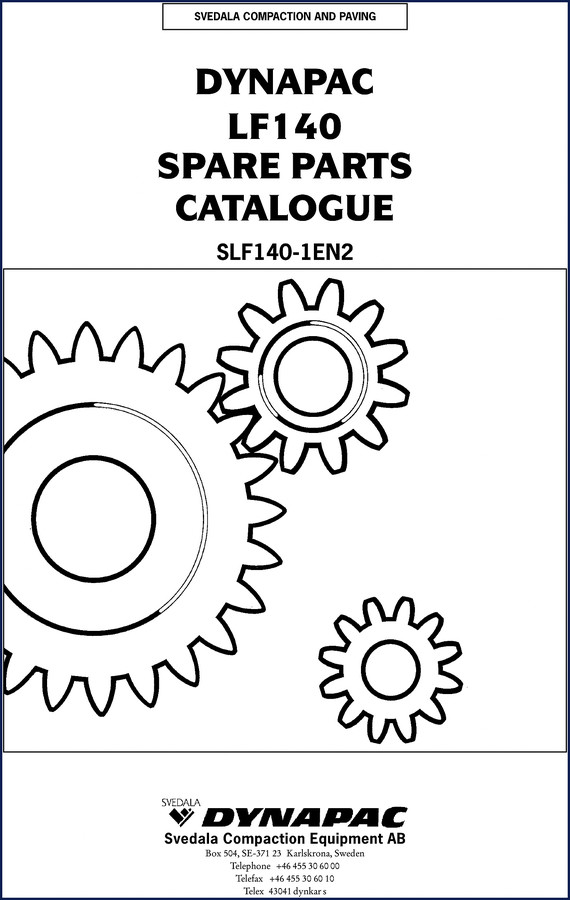 Dynapac LF140 Parts Catalog cover page with Svedala branding and part number SLF140-1EN2