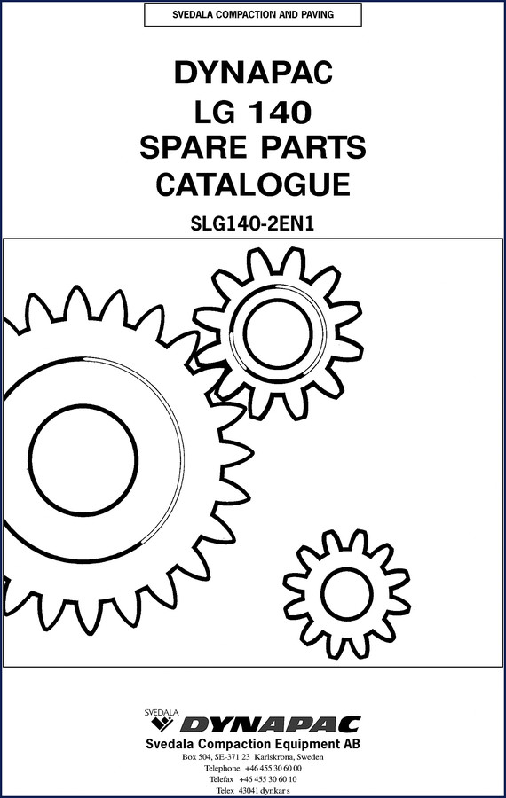 Dynapac LG 140 Parts Catalog cover page showing plate compactor and Svedala logo