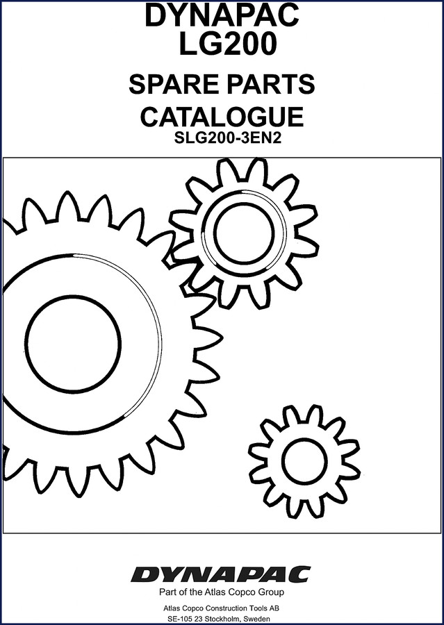 Dynapac LG200 Parts Catalog cover page showing spare parts catalogue SLG200-3EN2 and Atlas Copco branding