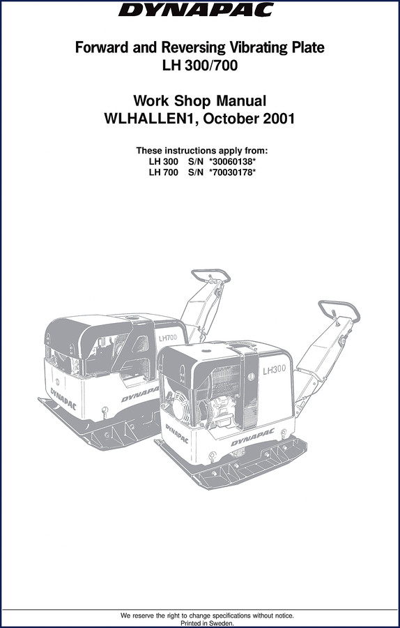 Dynapac LH 300 LH 700 2001 Workshop Manual cover page showing Dynapac logo and model designations