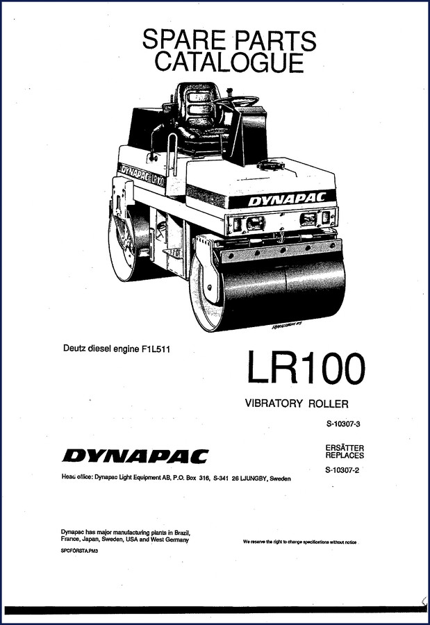 Dynapac LR100 Parts Catalog cover showing vibratory roller and Deutz F1L511 engine specification