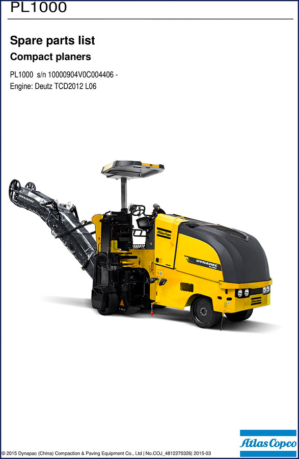 Dynapac PL1000 2015 Parts Catalog cover showing compact planer and OEM logo