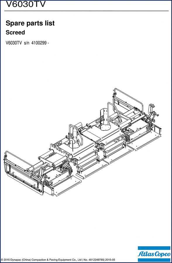 Dynapac V6030TV 2015 Parts Catalog cover showing screed and tamper components