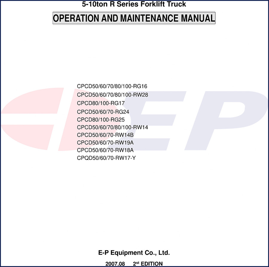 E-P Equipment CPCD50 2007 Service Manual cover page showing forklift diagram and model numbers