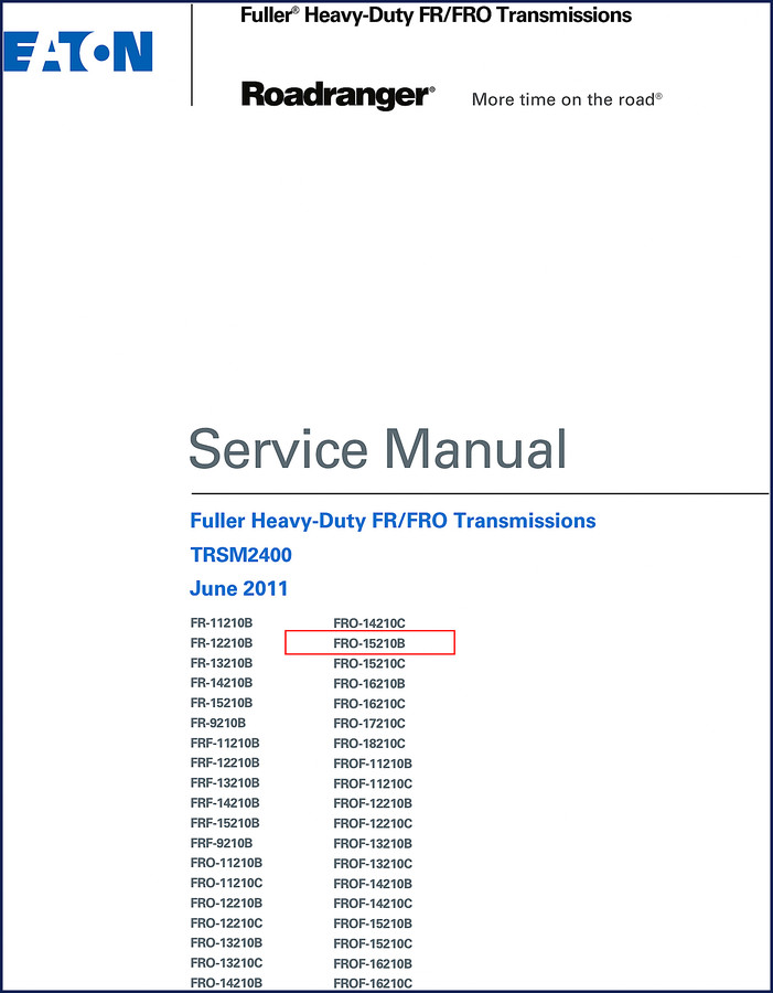 Eaton FR-11210B to FR-15210B 2011 Service Manual cover – 196 pages OEM transmission repair guide
