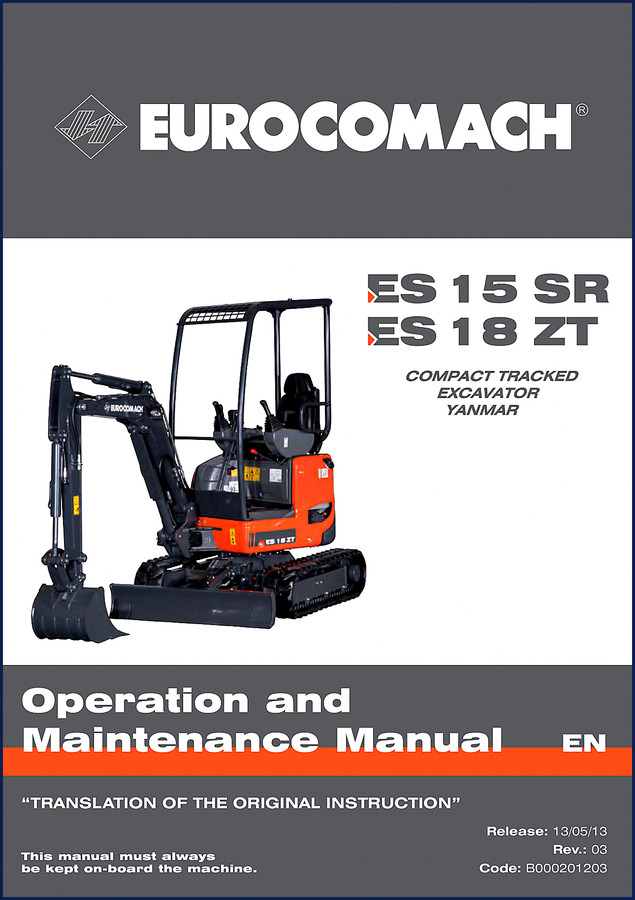Eurocomach ES 15 SR and ES 18 ZT 2013 Operators Manual cover page showing compact tracked excavator and Yanmar engine designation