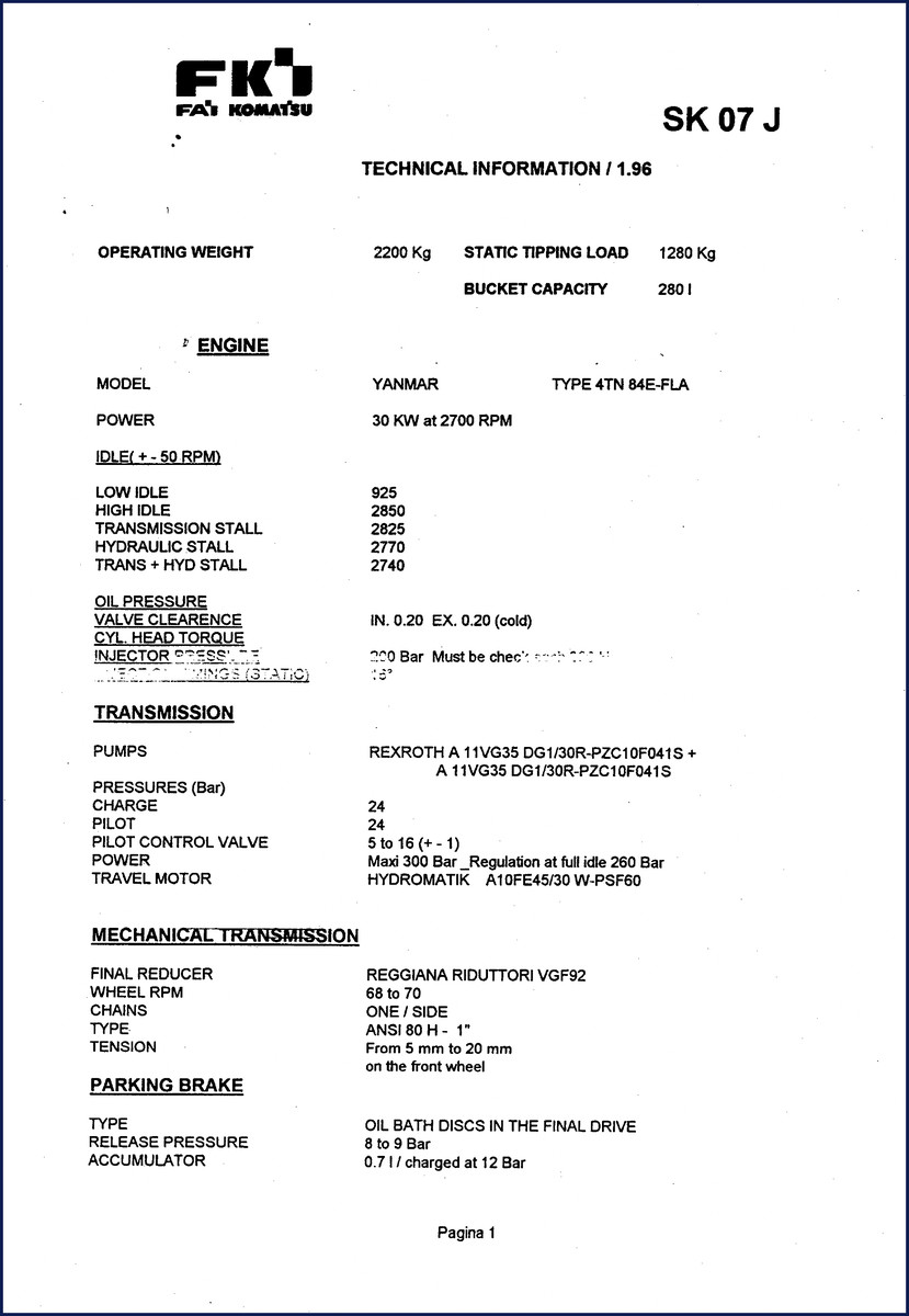 FAI Komatsu SK 07 J Technical Manual cover page showing machine specifications and engine model