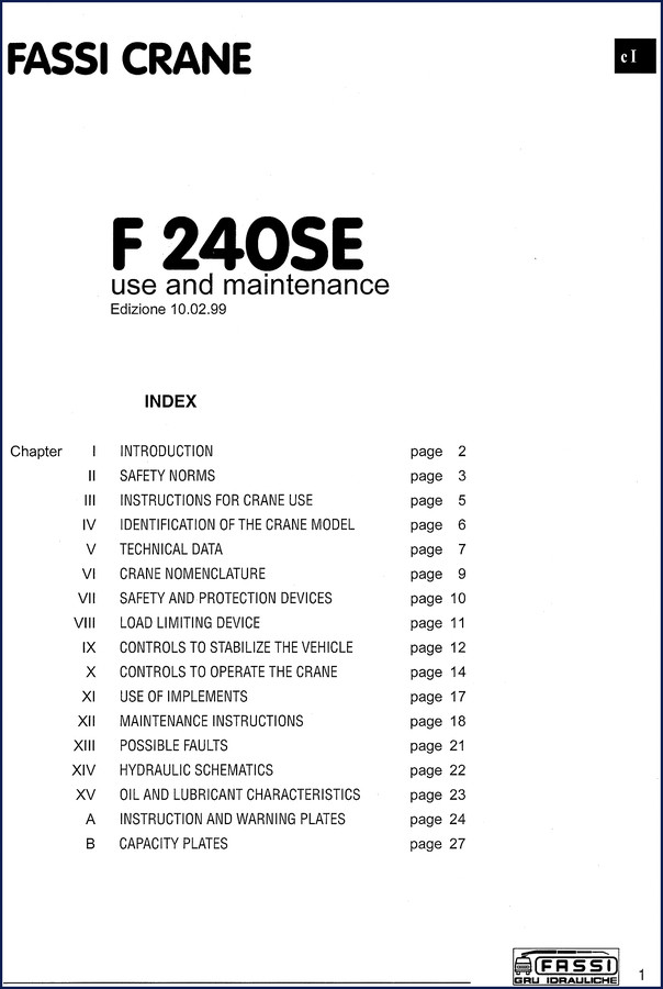Fassi F 240SE 1999 Operators Manual cover – factory document for crane use and maintenance