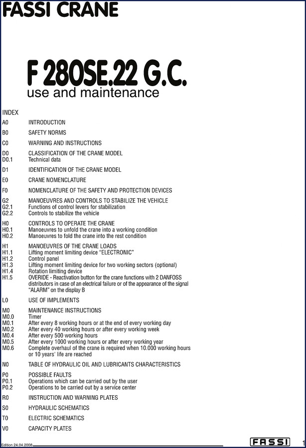 Fassi F 280SE.22 G.C. 2008 Operators Manual cover page showing crane model and safety warnings
