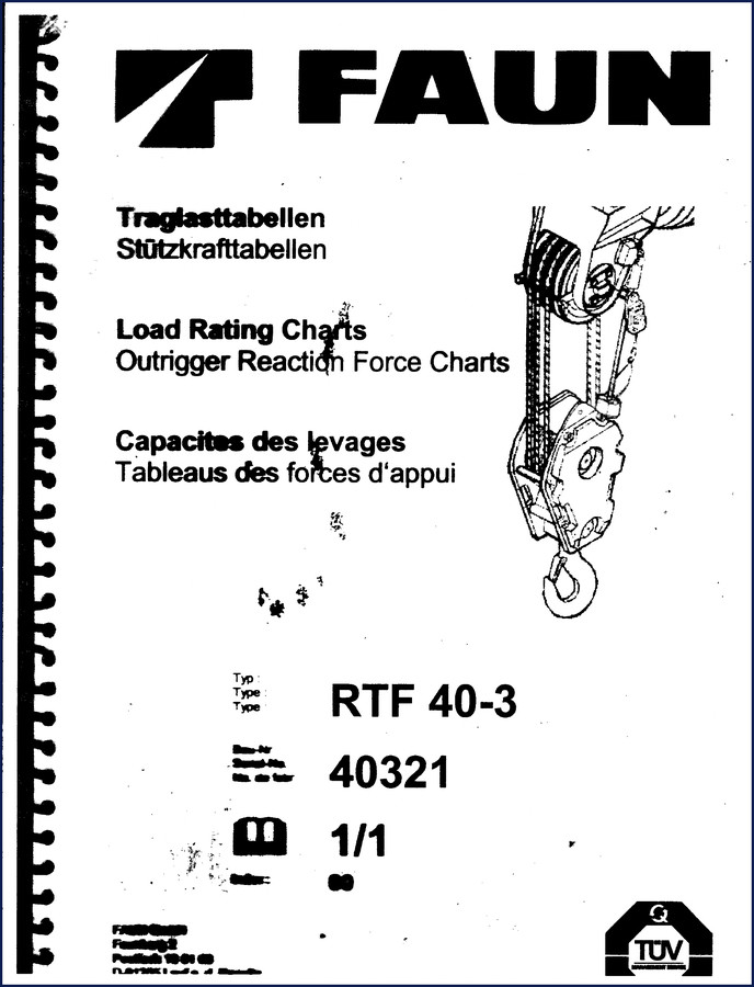Tadano FAUN RTF 40-3 Technical Manual cover showing load rating chart and crane silhouette