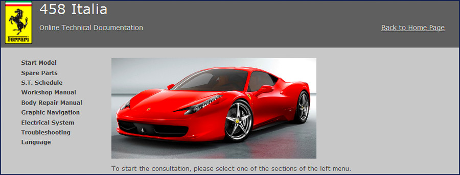 Ferrari F458 Italia 2010 Repair Manual cover showing the factory service manual for the F458 Italia