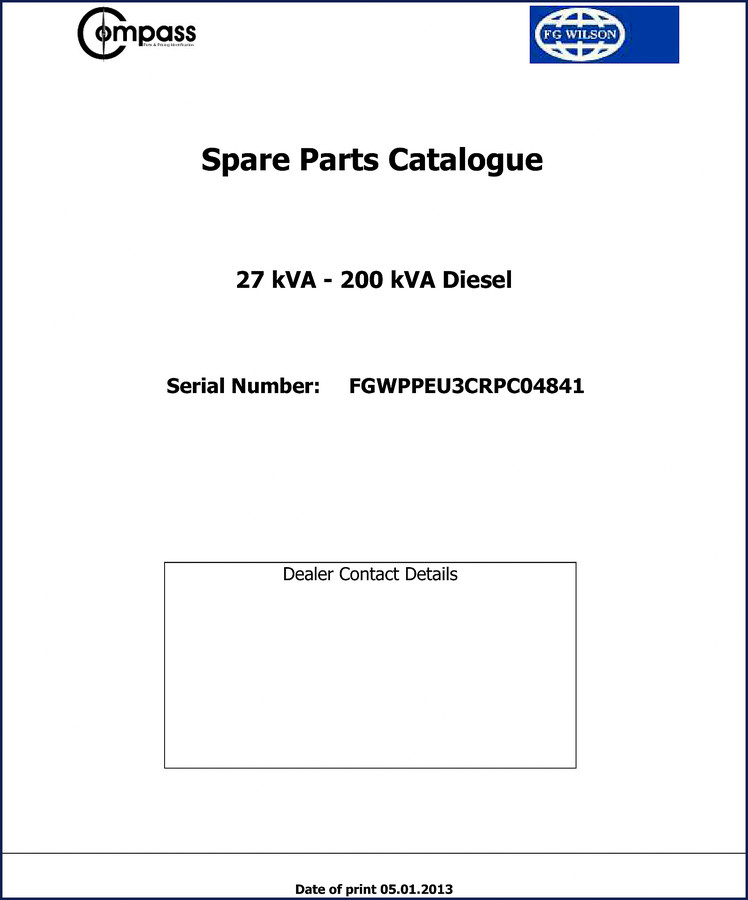 FG Wilson 27 kVA 200 kVA 2013 Parts Catalog front cover with engine and genset diagram