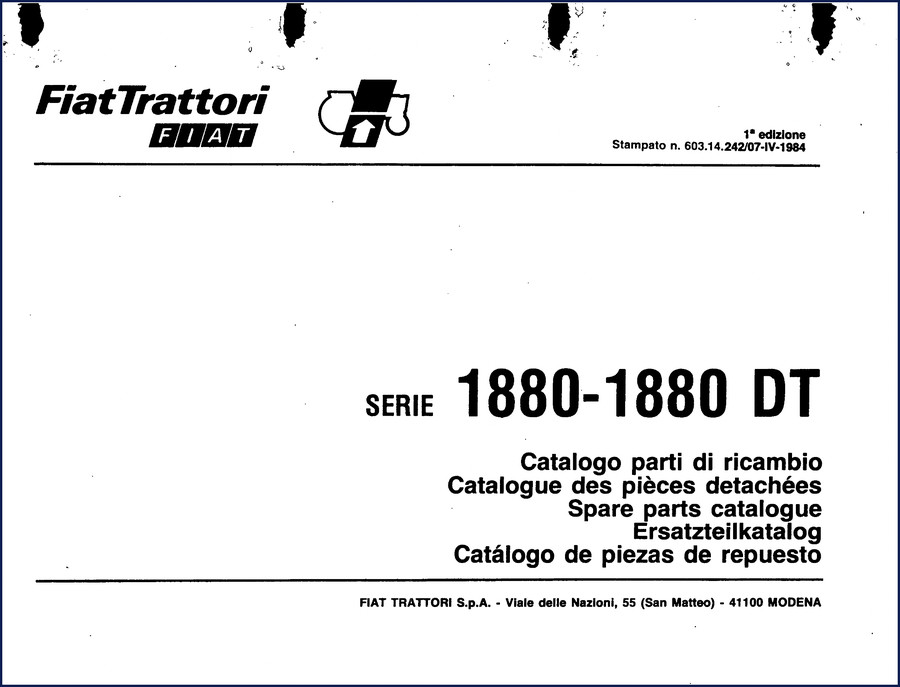 Fiat-allis 1880 DT 1984 Parts Catalog cover page showing FIAT Trattori logo and model series