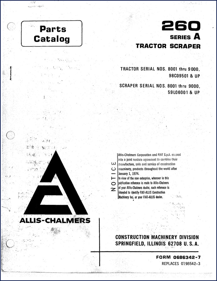 Fiat-Allis 260 Series A Parts Catalog cover – 341-page OEM factory manual