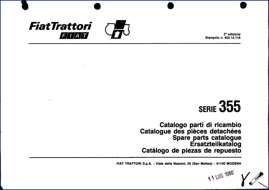 Fiat-allis 355 1980 Parts Catalog cover showing machine and manual title
