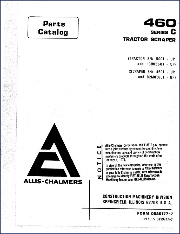 Fiat-Allis 460 Series C Tractor Scraper Parts Catalog cover page showing model and OEM branding