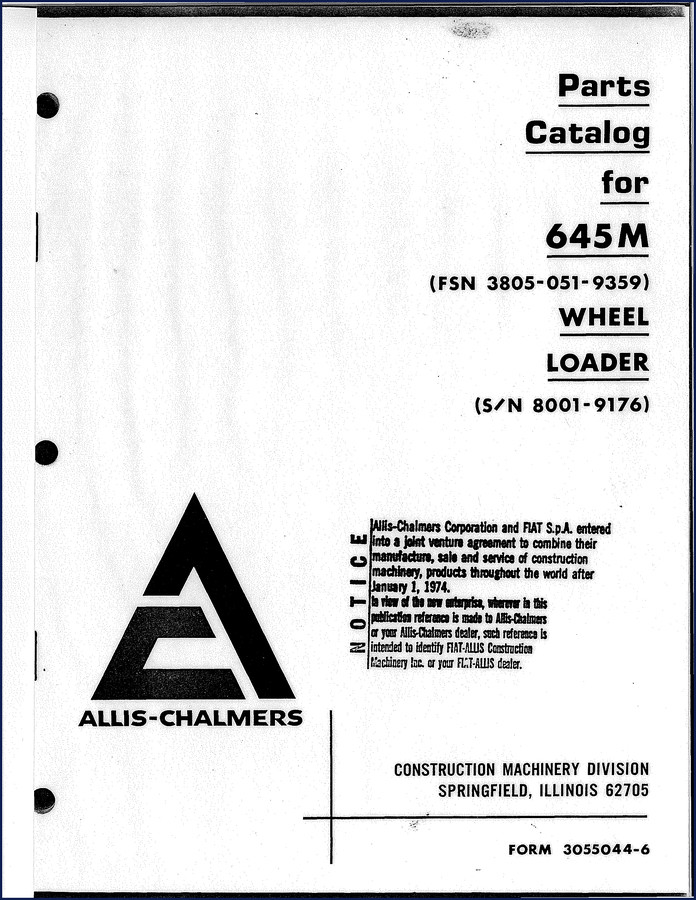 Fiat-Allis 645 M Parts Catalog - 236 page OEM factory manual cover