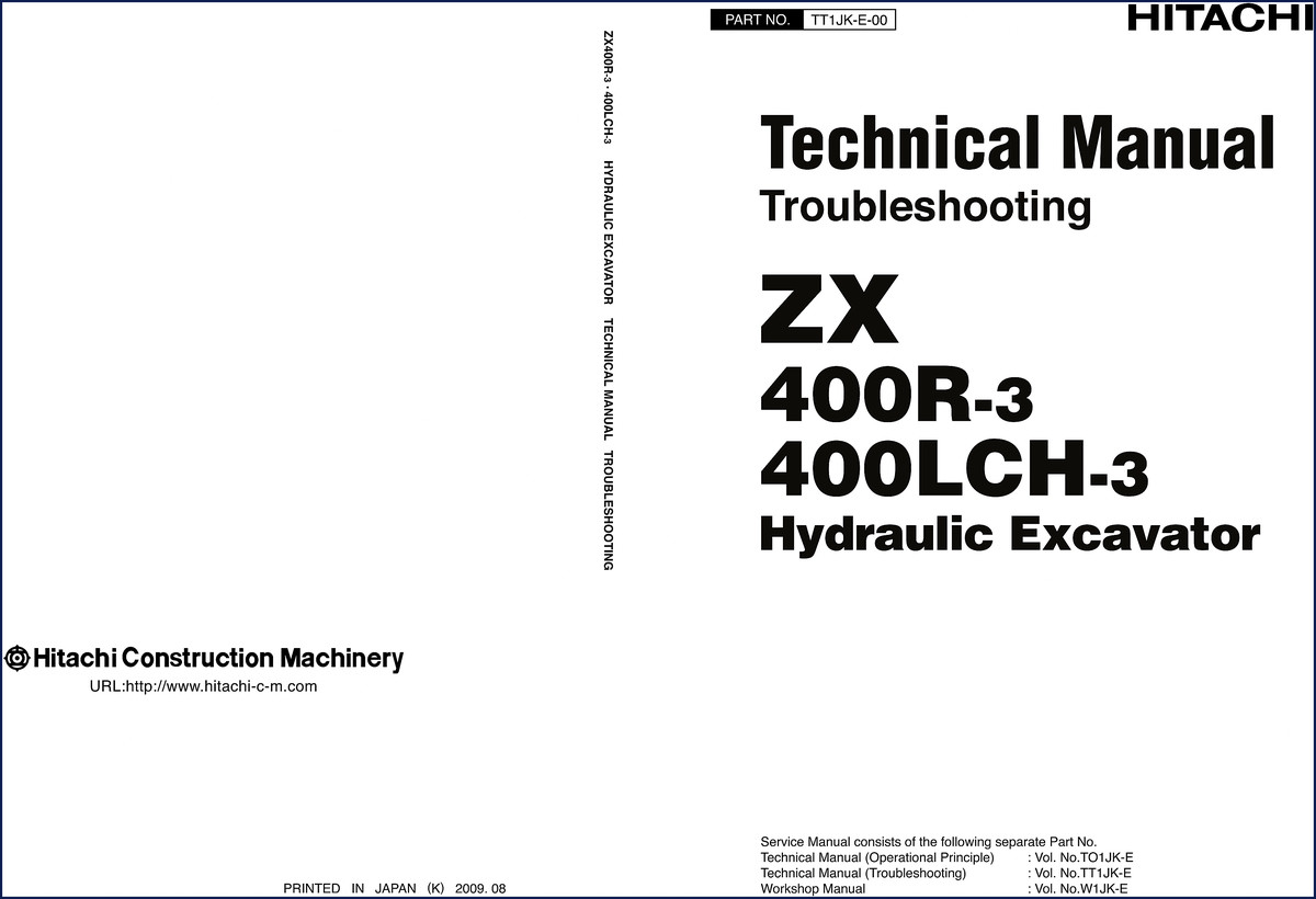 Fiat-hitachi ZX400R-3 ZX400LCH-3 2009 Technical Manual cover showing Hitachi excavator and manual title
