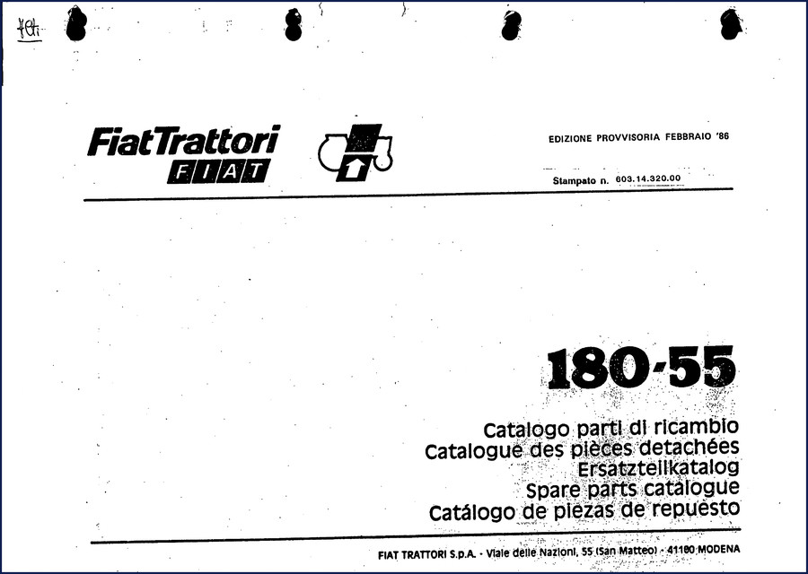 FIAT Kobelco 180-55 1986 Parts Catalog cover page showing backhoe loader and FIAT logo