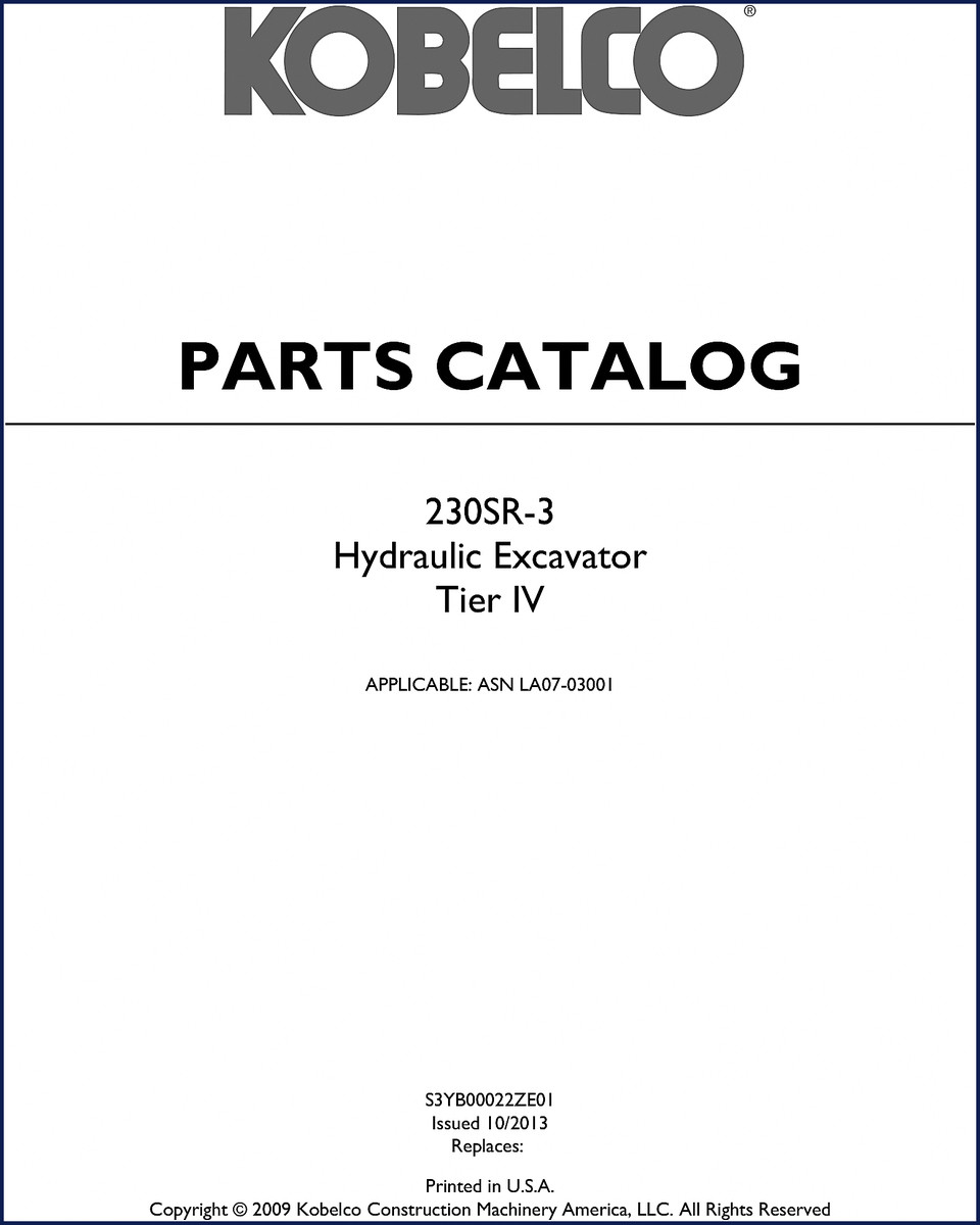 FIAT Kobelco 230SR-3 2013 Parts Catalog cover - OEM factory parts manual for hydraulic excavator